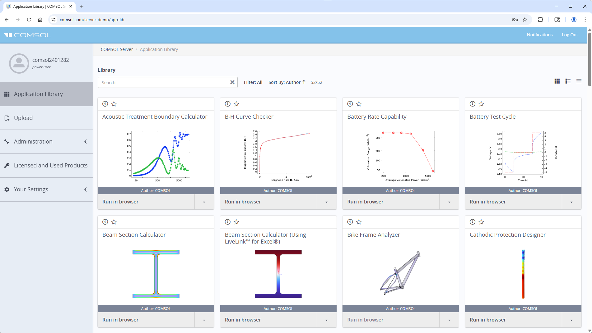 The COMSOL Server Application Library shown in a browser.
